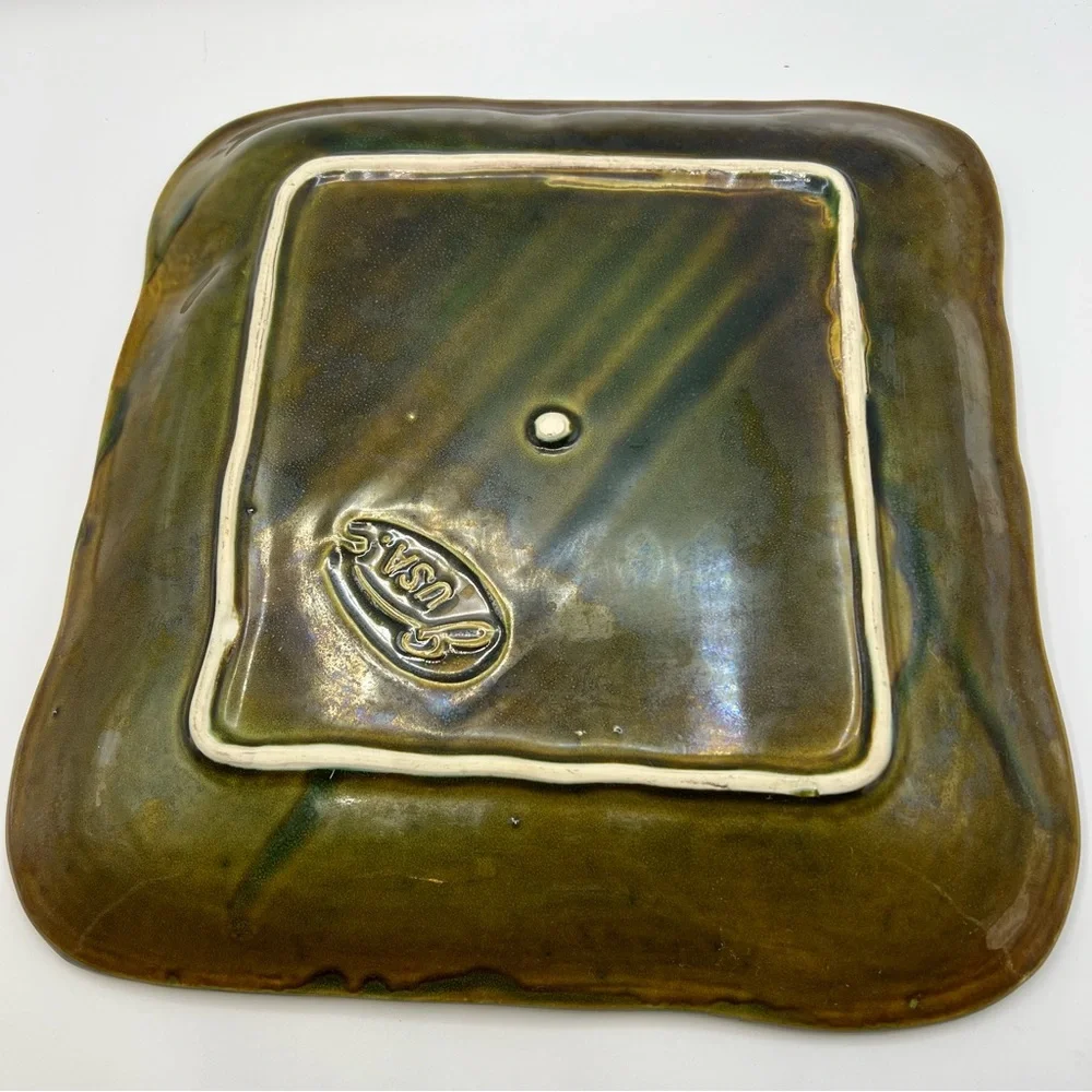 70s Green Heavy USA Pottery Serving Large Platter Makers Mark Absolutely Perfect